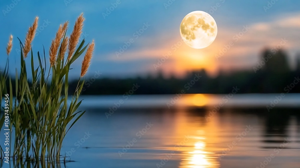Aufkleber serene night sky with a full moon casting a soft glow over a calm lake reflecting both the moon and 