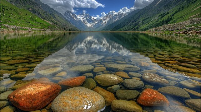 Lake Saif-ul-Malook reflecting snowy peaks in clear water