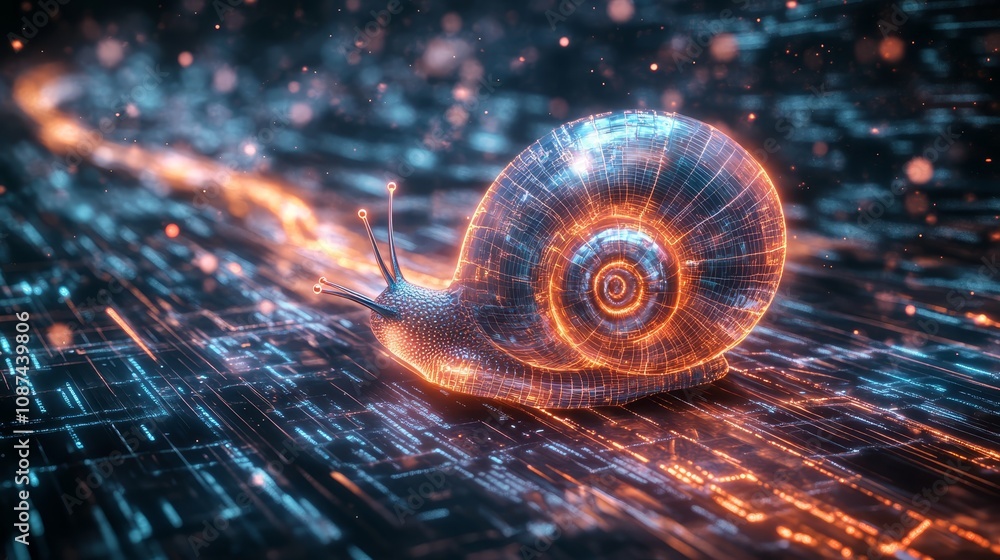 Poster digital art of a luminous snail moving slowly across a vibrant, high-tech circuit board, symbolizing