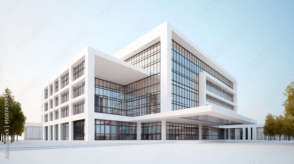 Poster sleek and modern 3d architecture of a high tech corporate building with intricate details showcasing
