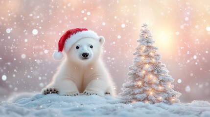 Playful Polar Bear Cub Wearing Santa Hat Next to Snowy Christmas Tree