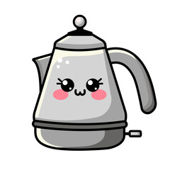 Kawaii cute electric kettle. Vector illustration of pot, teapot isolated on white background. Motif set. Kawaii style illustration for kids, stickers