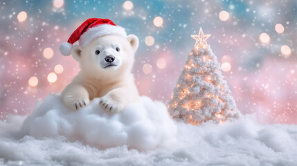 Polar Bear Cub in Santa Hat Next to Snowy Christmas Tree on Cloudy Background