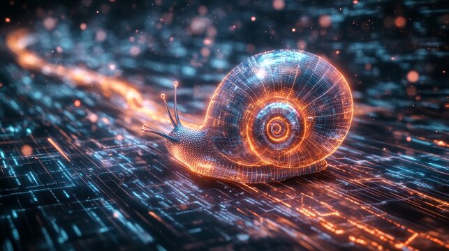 Digital art of a luminous snail moving slowly across a vibrant, high-tech circuit board, symbolizing slow technological progress or a digital lag