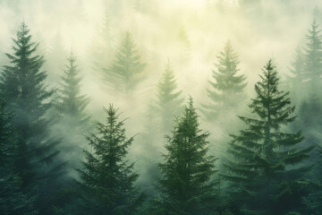 Fototapeta premium Dense forest of evergreen trees covered in mist, creating a mysterious and serene atmosphere.