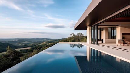 Fototapeta premium Modern luxury home with large infinity pool overlooking scenic rolling hills and lush forest under a clear sky.