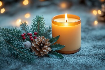 Cozy winter candle with pine and berries.