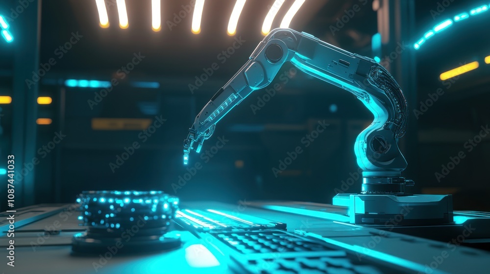 Poster Futuristic Robotic Arm Performing Precision Task in Factory