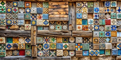 A vibrant mosaic of hand-painted tiles and weathered wooden planks create a captivating textural backdrop.