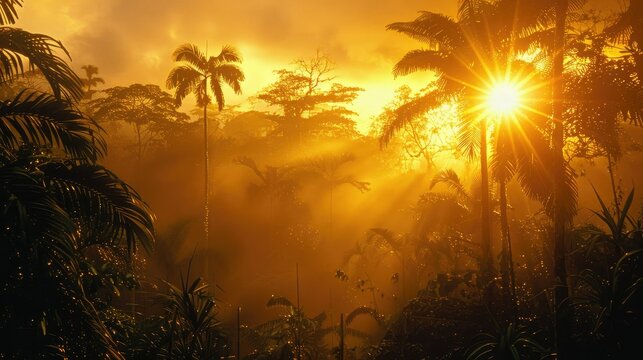 Radiant sunburst through dense, misty forest canopy at sunrise