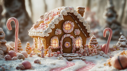 Magical Gingerbread House Decorated with Candy Canes in Snowy Forest