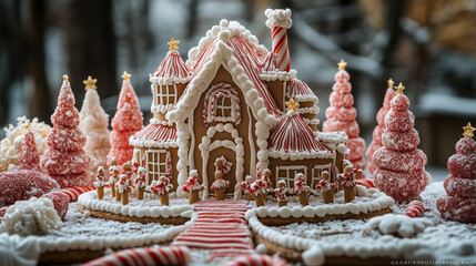 Grand Gingerbread House Castle with Candy Cane Decorations & Frosted Trees