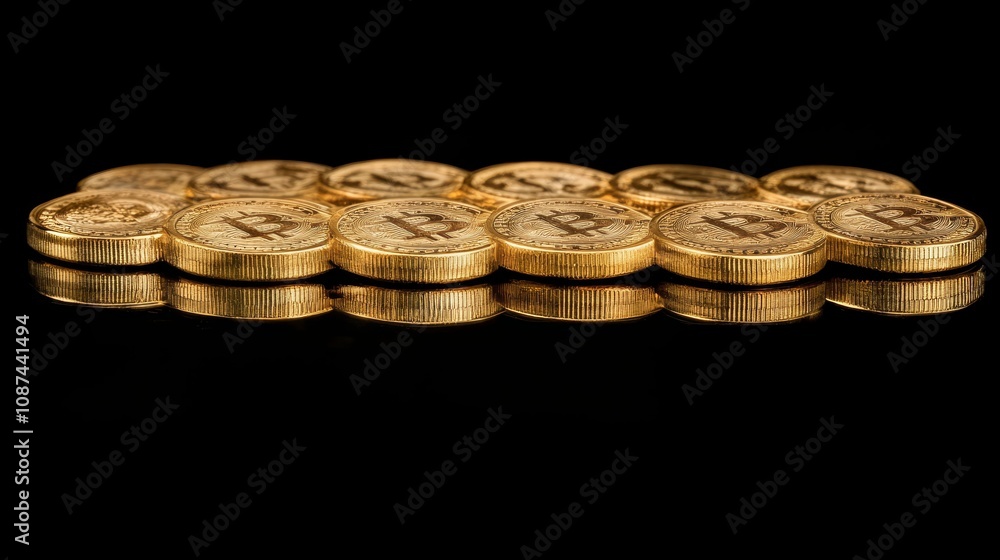 Poster physical bitcoin coins are reflecting on a dark background, creating a visually appealing representa