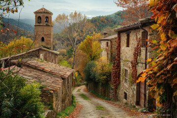 Naklejka premium A picturesque cobblestone street in a quaint village adorned with autumn leaves and surrounded by lush greenery.