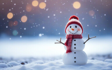 Christmas winter background, snowman and blurred bokeh background with copy space. Merry Christmas and happy new year greeting card concept