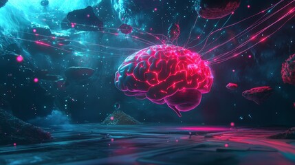 Fototapeta premium Pink glowing human brain floating in dark outer space sending signals through the universe with turquoise nebula clouds and asteroids