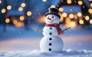 Christmas winter background, snowman and blurred bokeh background with copy space. Merry Christmas and happy new year greeting card concept