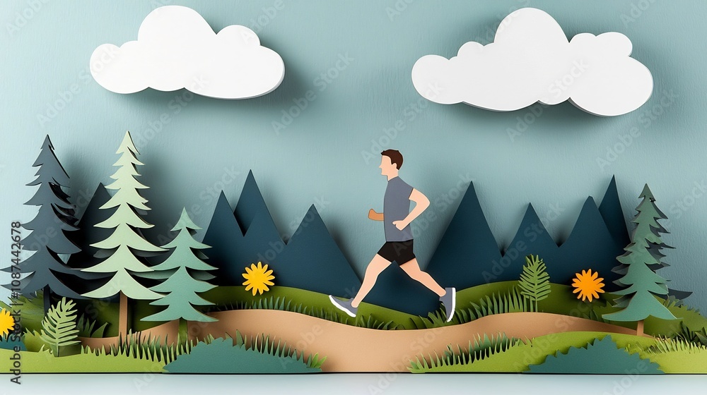 Poster vibrant paper cut style depicting a runner on a winding forest trail with layered green and brown te
