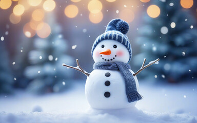 Christmas winter background, snowman and blurred bokeh background with copy space. Merry Christmas and happy new year greeting card concept