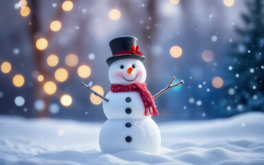 Christmas winter background, snowman and blurred bokeh background with copy space. Merry Christmas and happy new year greeting card concept
