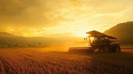 Naklejka premium Golden Sunset Harvest Combine Rice Paddy Field