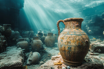 Vintage photo of submerged ancient marketplace with amphoras and treasures.