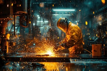 A worker in protective gear skillfully welds metal components together at an industrial facility. Surrounded by flying sparks and bright light, the atmosphere showcases the intensity of the work takin - Powered by Adobe