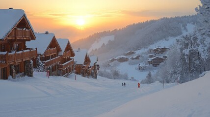 Snowy Sunrise at Ski Resort with Wooden Chalets