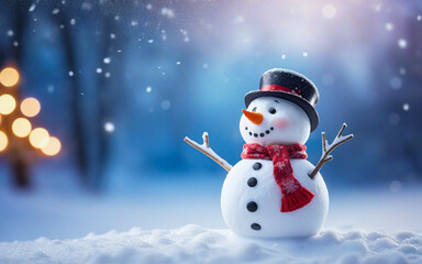 Christmas winter background, snowman and blurred bokeh background with copy space. Merry Christmas and happy new year greeting card concept