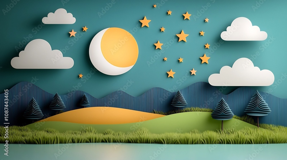 Poster whimsical and dreamy landscape scene with a full moon twinkling stars and paper cut style clouds tre
