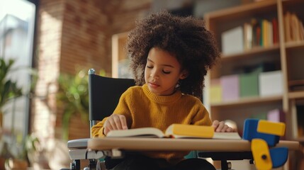 Child with learning disabilities focusing on reading with specialized learning tools