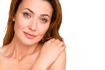 Close up photo pretty beautiful amazing cute charming she her lady hold hand arm touch shoulder perfect condition soft purity skin result anti-age procedures nude isolated pastel beige background