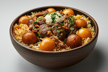 Indian spicy mutton Biryani with raita and gulab jamun Served in a dish side view on grey background