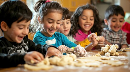 Children joyfully rolling out dough and cutting out cookie shapes, filled with excitement during the holiday season.