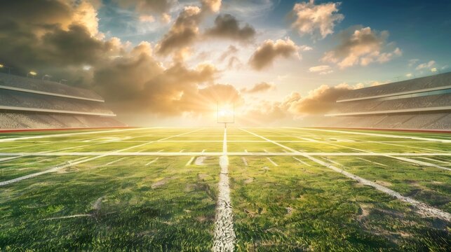 Dramatic Sunset Over Empty Football Stadium Field with Green Grass and Scoreboard