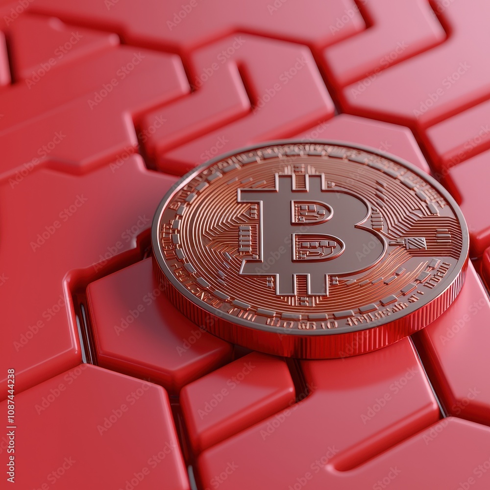 Poster crypto blockchain market forecasting concept. a shiny bitcoin sits atop a textured red background, s