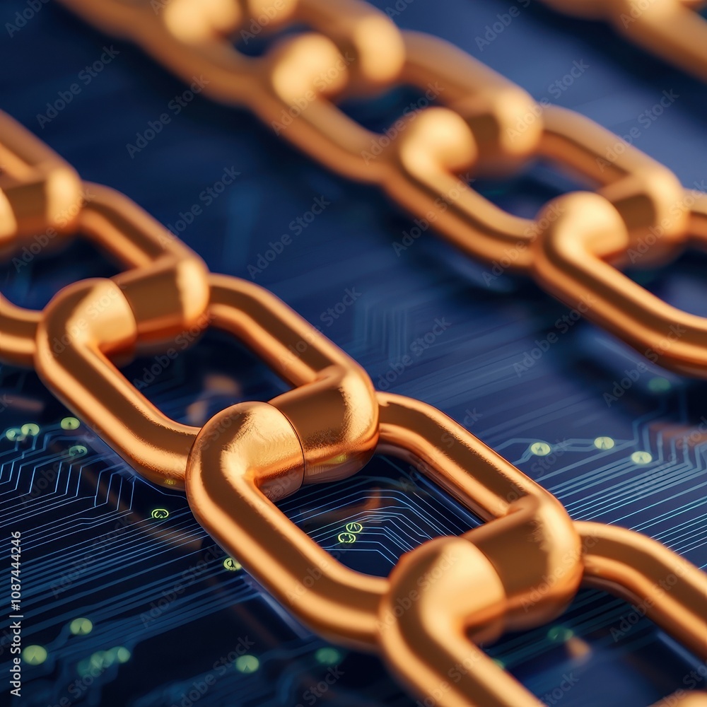 Poster crypto blockchain market forecasting concept. a close-up image of metallic chains against a digital 