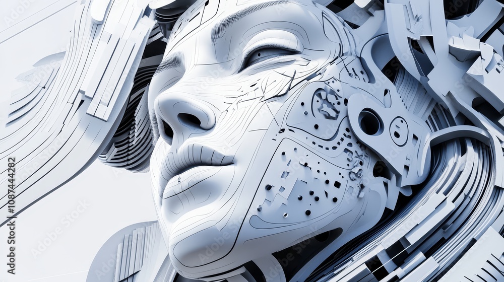 Poster complex white abstract shapes resembling circuitry merge to form the serene face of a female android