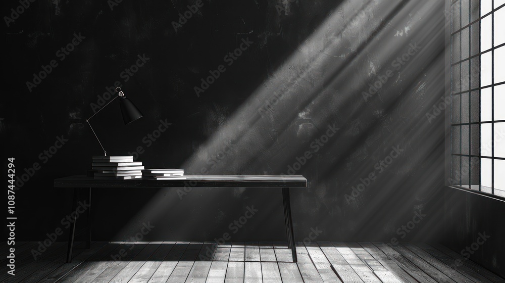 Poster minimalist workspace with a desk, a lamp, and books in a room with a window and sunlight streaming t