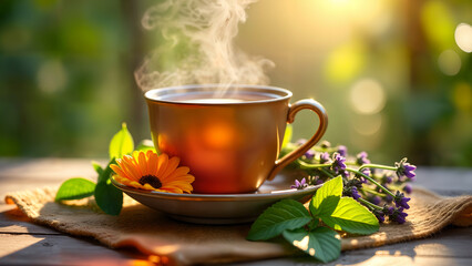 Fototapeta premium Mesmerizing Photography of a Cup of Tea Infused with Organic Herbs Against a Tranquil Background