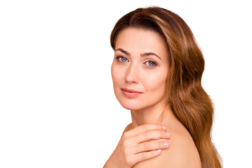 Close up side profile photo beautiful amazing cute charming she her lady hold hand arm touch shoulder perfect condition soft purity result anti-age procedures nude isolated pastel beige background