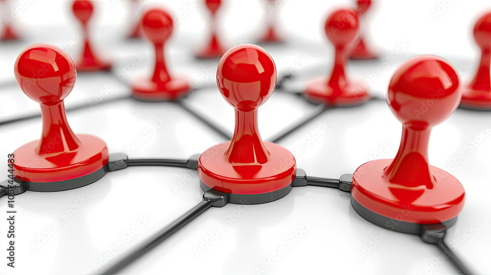Poster red network connection with geometric shapes and game pieces