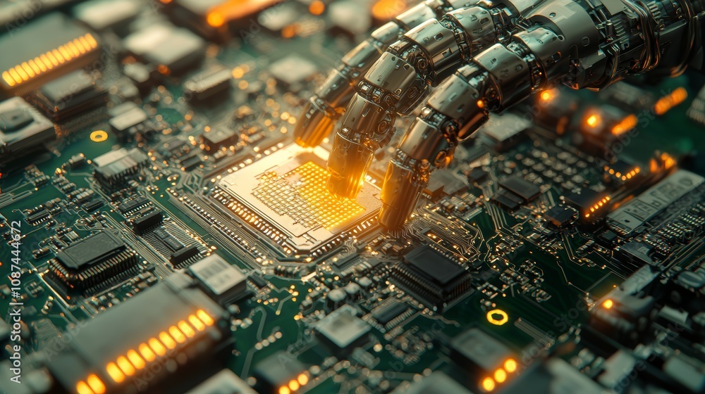 Poster robotic arm working on circuit board in assembly line