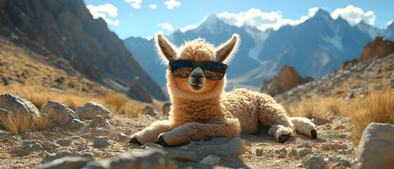 Obraz premium A cool llama wearing sunglasses relaxes in a breathtaking mountain landscape under a clear blue sky.