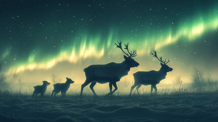 Majestic Reindeer Family Silhouetted Against Northern Lights