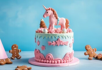 A pink birthday cake with a fondant unicorn and gingerbread cookies on a blue background