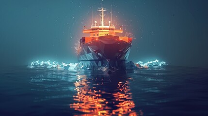 Fototapeta premium A large cargo ship sails through a frozen sea at night, its lights reflecting on the water.