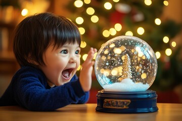Naklejka premium Child amazed at snow globe with Christmas tree inside