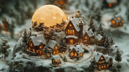 Enchanting Christmas Village Illuminated by Full Moon Glow