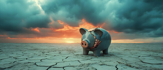 A cracked piggy bank on a dry, cracked landscape symbolizing financial struggle amid a climate crisis.